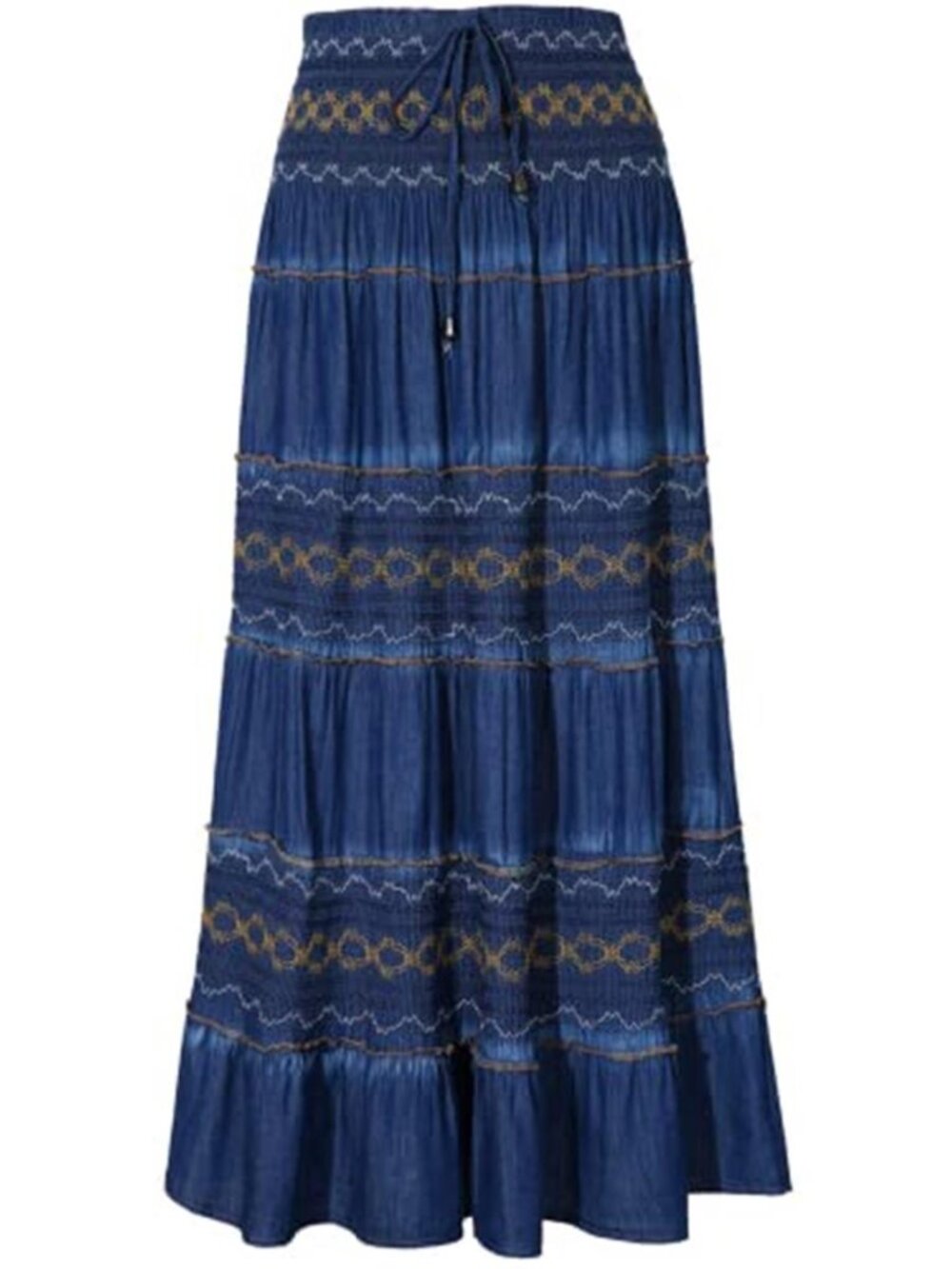 Womens Cotton Chambray Maxi Skirt High Waist Elastic Drawstring Denim Look Midi